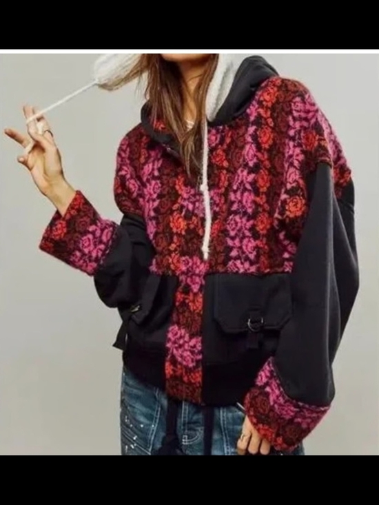 Free People Jackets & Blazers - Free People Rockwell Sweater Hoodie Bomber Jacket Pink Black Floral Boho, M